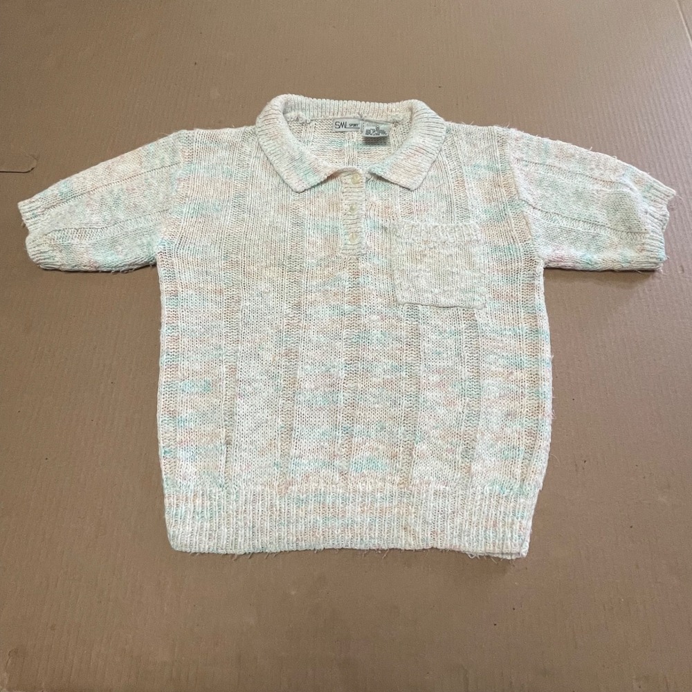 Vintage SML Sport M Pastel Confetti Cable Knit Polo Sweater Top Short‎ Sleeve